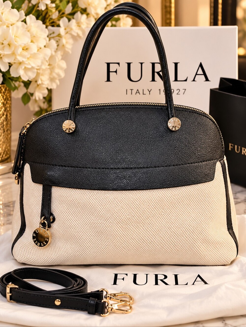 Furla Piper Satchel In Black and Cream NWOT